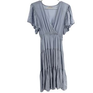 Petal & Pup Barker Light Blue Midi Dress tiered chambray flutter sleeve M flirty